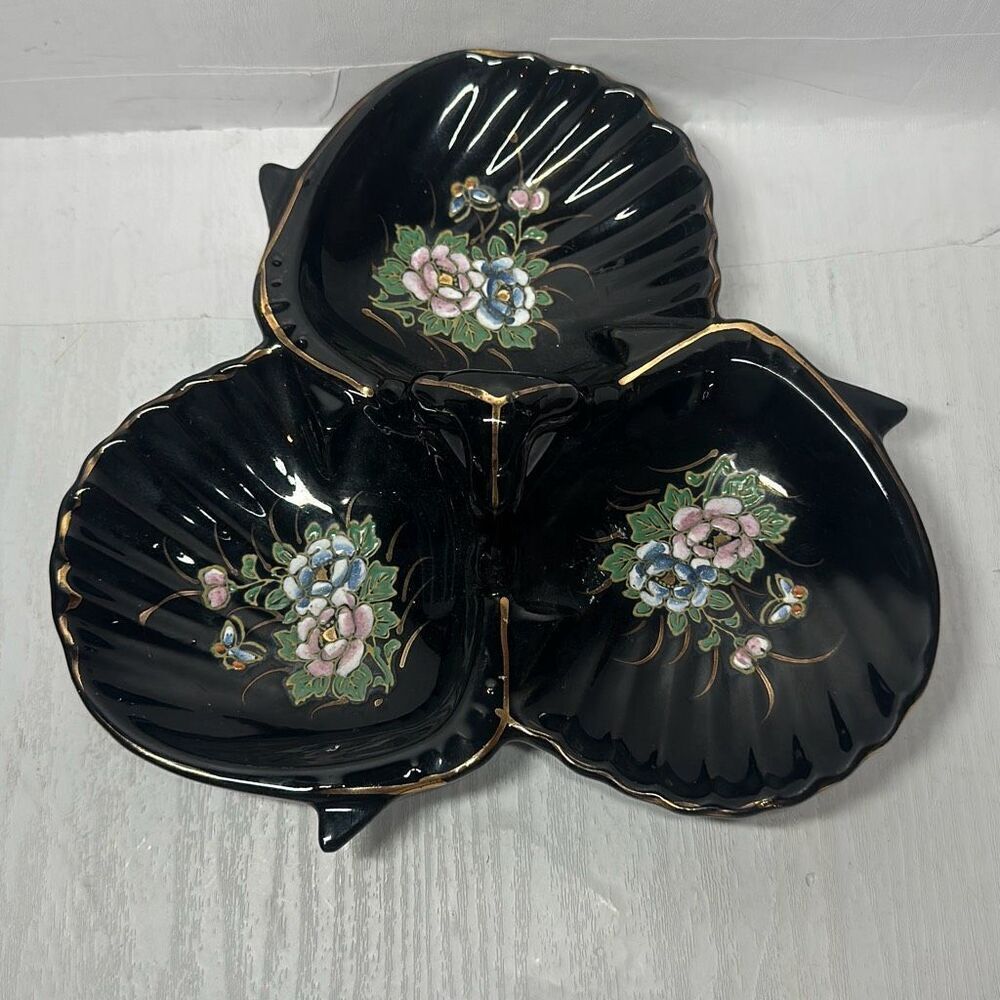 Vintage Majolica Hand Painted Three Seashell Partitions‎ Trinket Ring Candy Dish